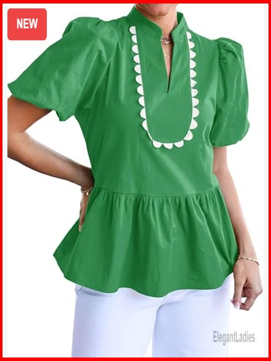 Tops - Puff Sleeve Peplum Blouse V Neck Ruffle Babydoll Top